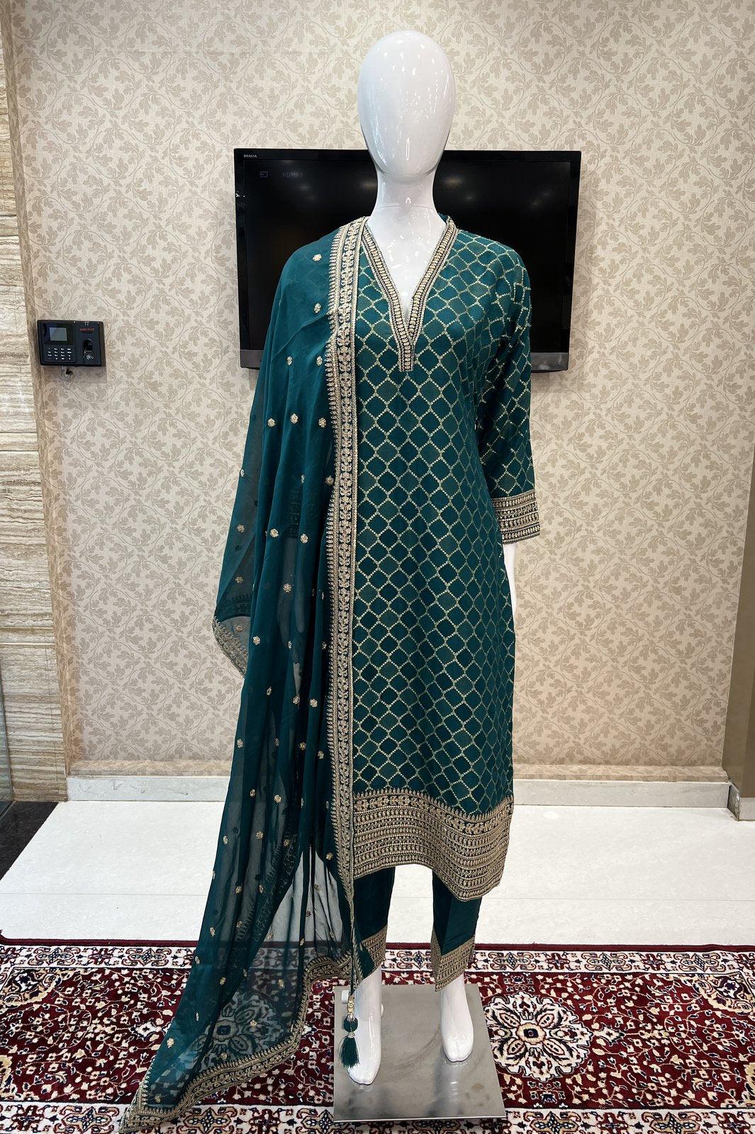 Rama Green Zari, Sequins and Banaras work Straight Cut Salwar Suit - Seasons Chennai