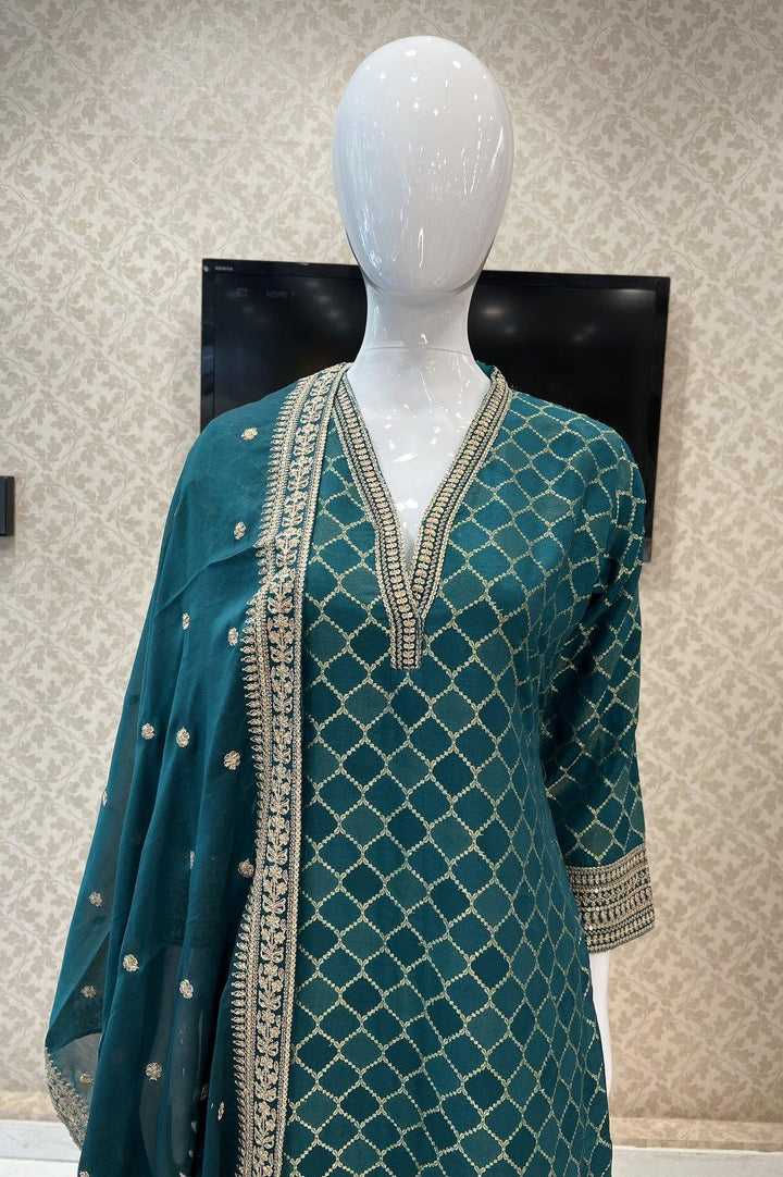 Rama Green Zari, Sequins and Banaras work Straight Cut Salwar Suit - Seasons Chennai