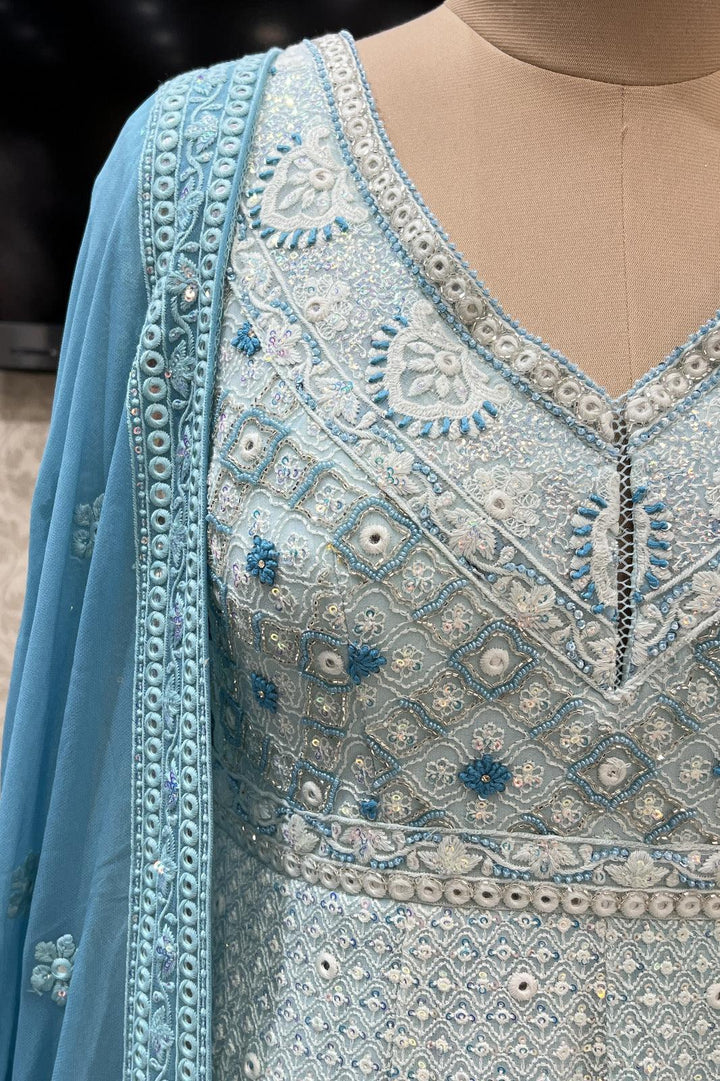 Sky Blue Shaded Lucknowi Thread, Sequins and Beads work Floor Length Anarkali Suit - Seasons Chennai