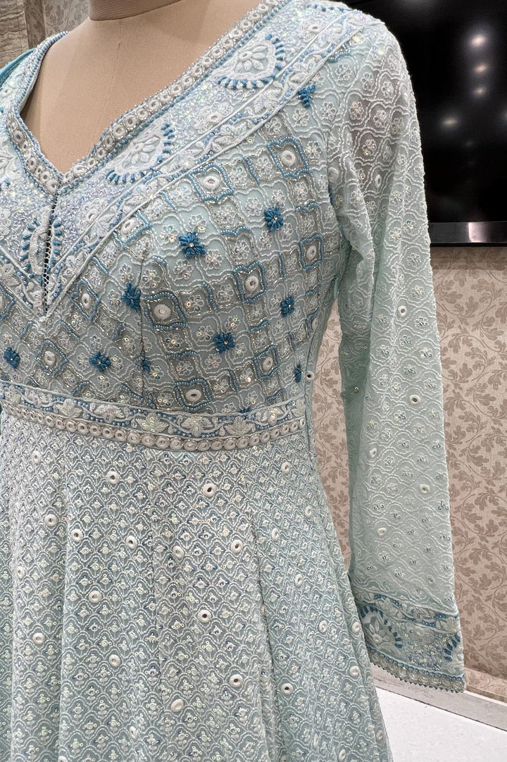 Sky Blue Shaded Lucknowi Thread, Sequins and Beads work Floor Length Anarkali Suit - Seasons Chennai