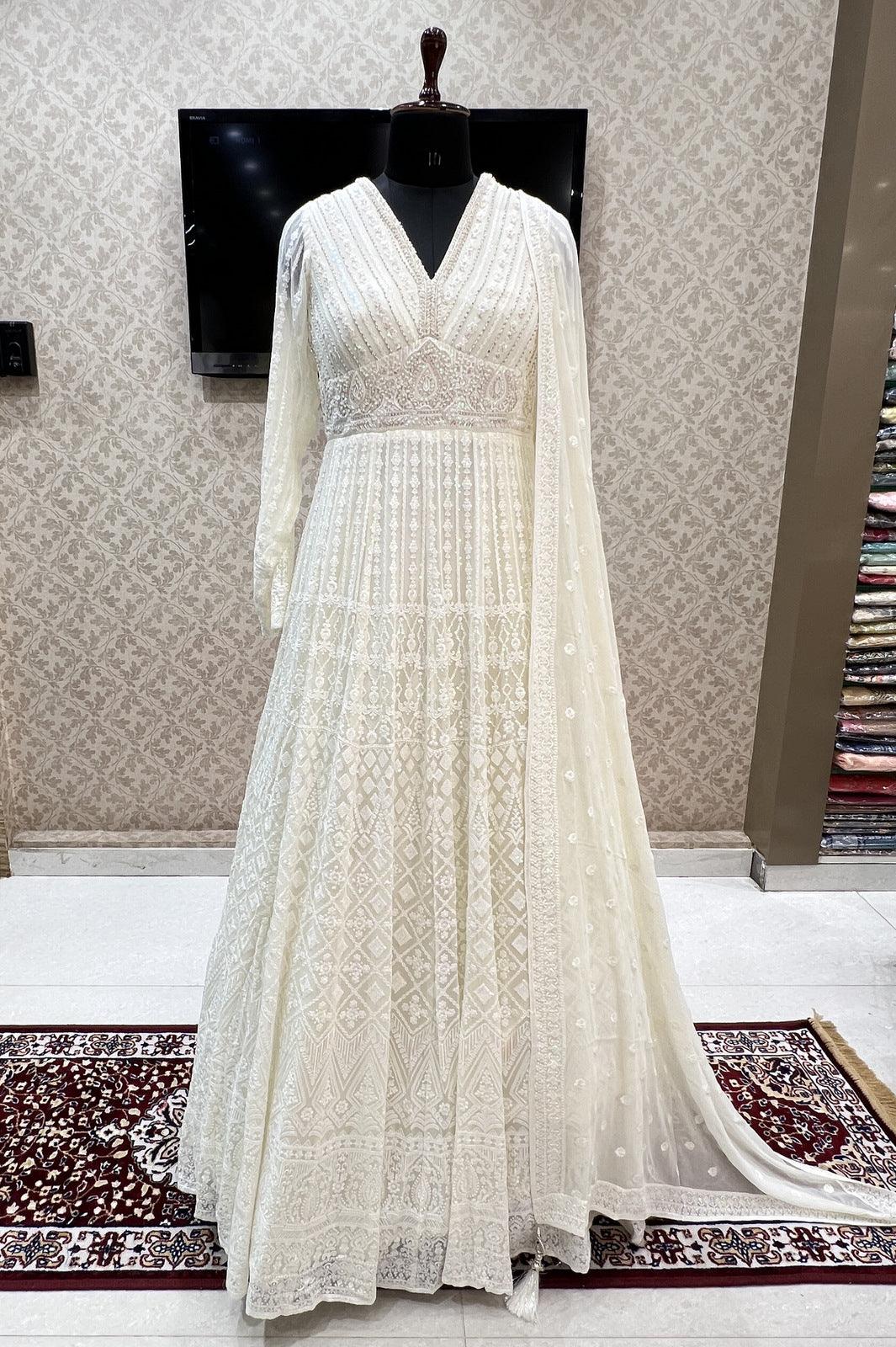 Cream Lucknowi Thread, Sequins, Zardozi and Beads work Floor Length Anarkali Suit - Seasons Chennai