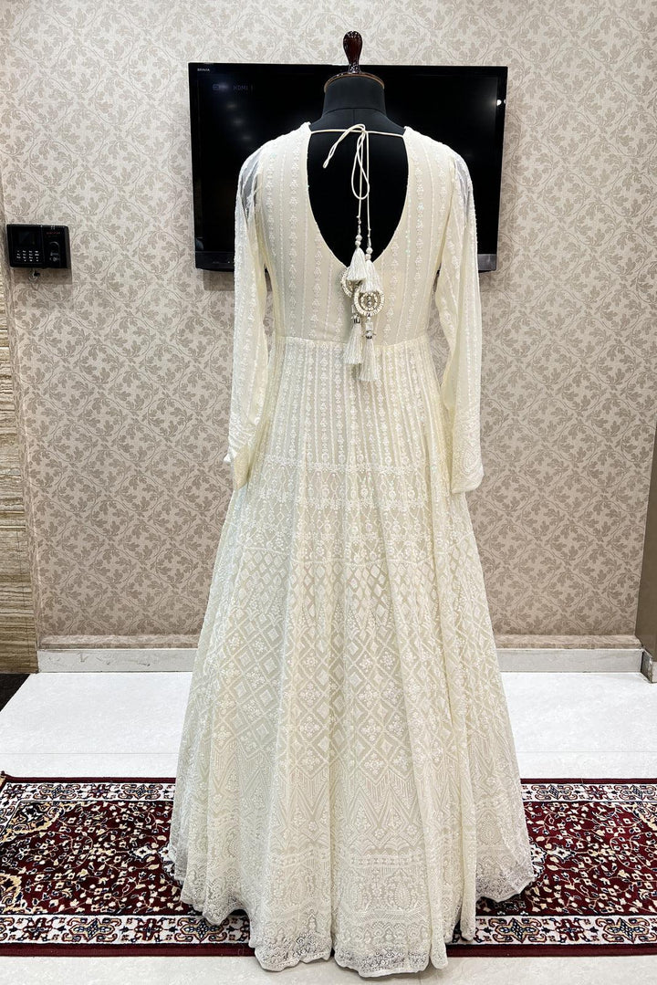 Cream Lucknowi Thread, Sequins, Zardozi and Beads work Floor Length Anarkali Suit - Seasons Chennai