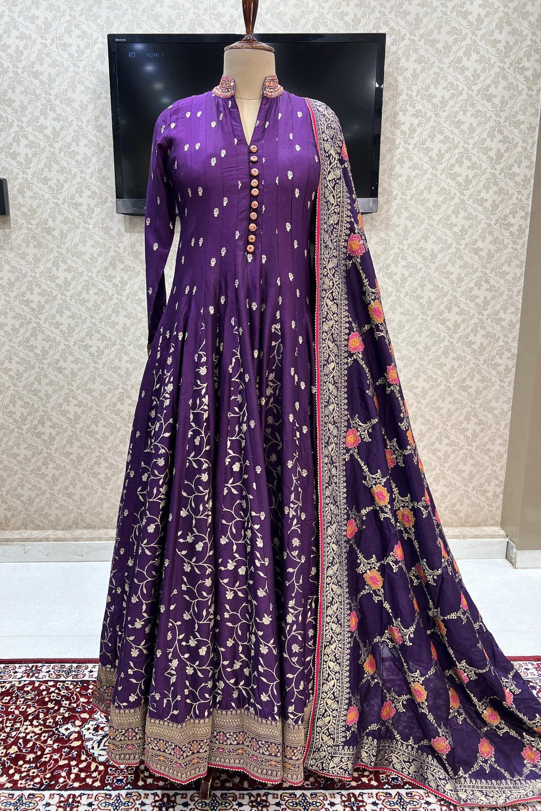 Purple Banaras, Mirror and Beads work Floor Length Anarkali Suit - Seasons Chennai