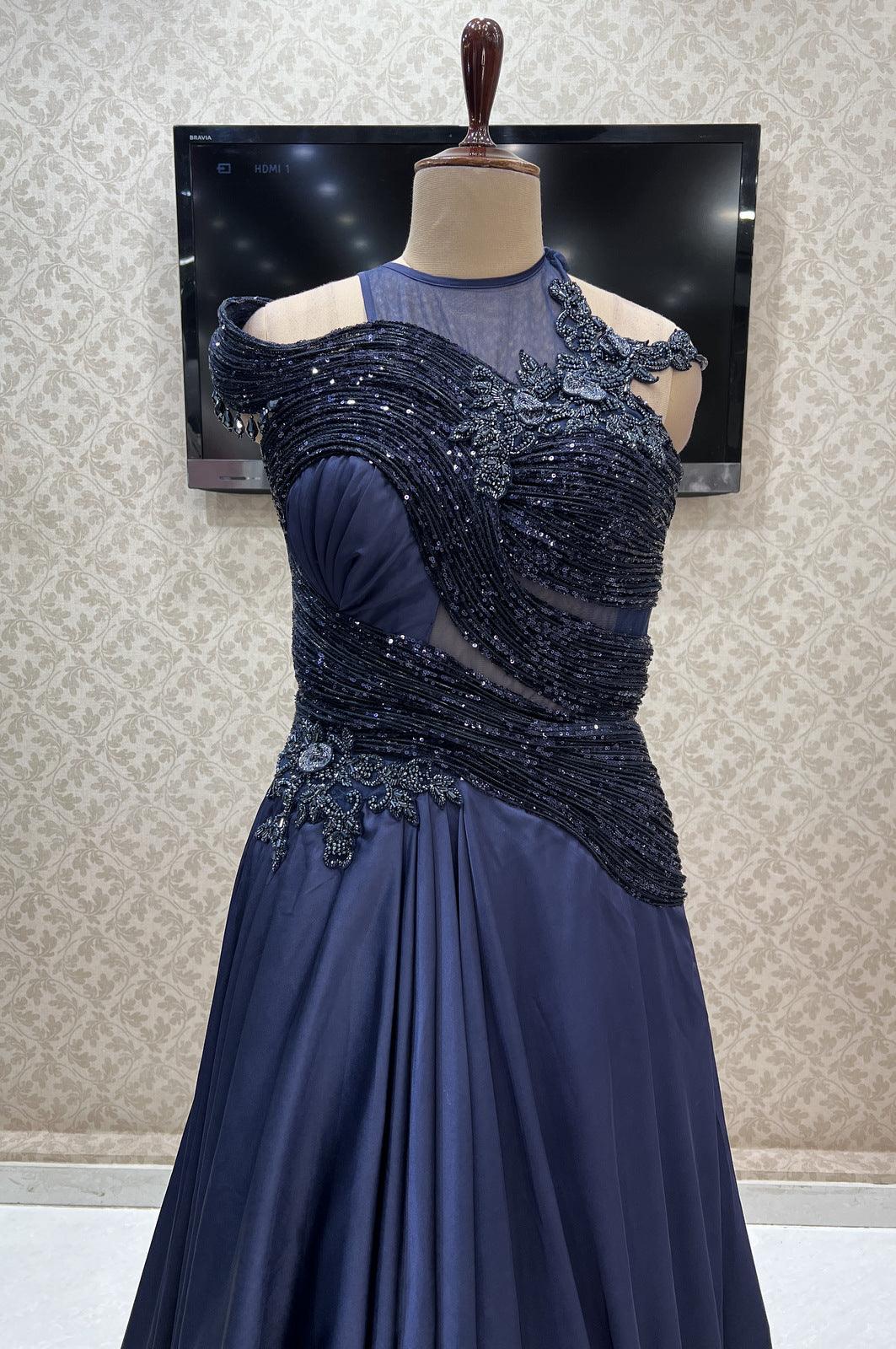 Navy Blue Lucknowi Thread, Sequins and Beads work Partywear Gown – Seasons  Chennai