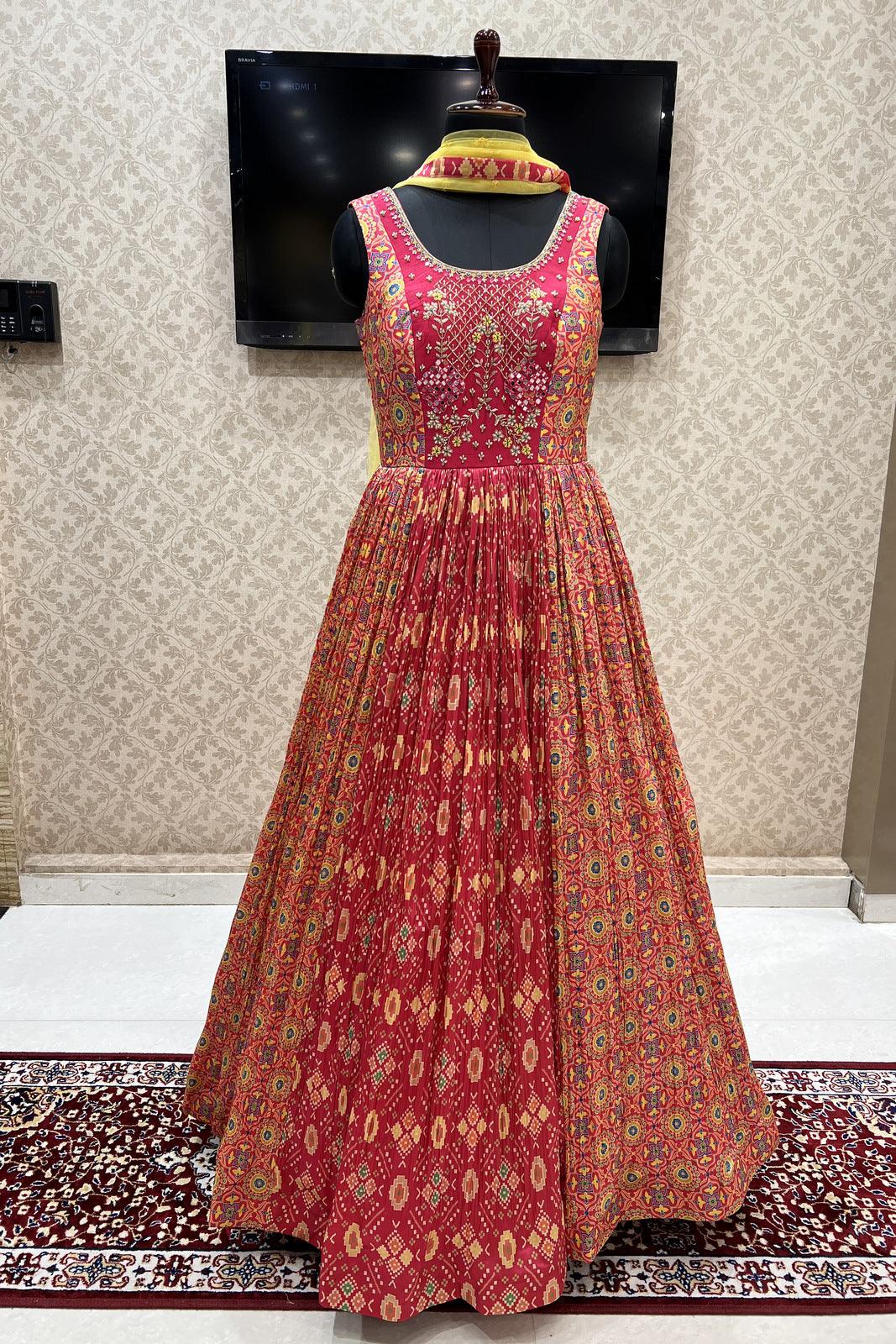 Pink Kalamkari and Digital Print, Pearl Beads, Zardozi and Mirror work Floor Length Anarkali Suit - Seasons Chennai
