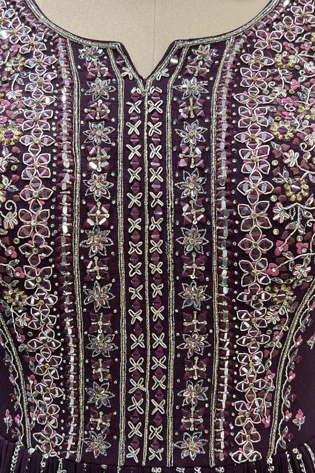 Wine Mirror, Zardozi, Sequins, Stone and Zari work Floor Length Anarkali Suit - Seasons Chennai