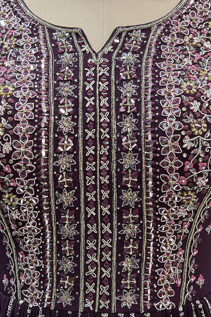 Wine Mirror, Zardozi, Sequins, Stone and Zari work Floor Length Anarkali Suit - Seasons Chennai