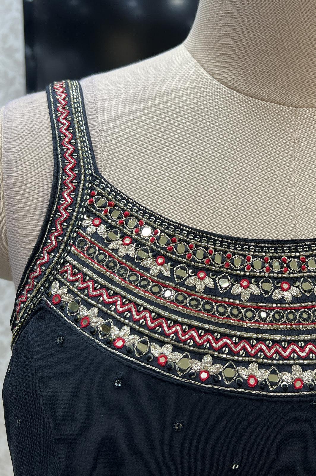 Black Sequins, Mirror, Zari and Beads work Floor Length Anarkali Suit - Seasons Chennai