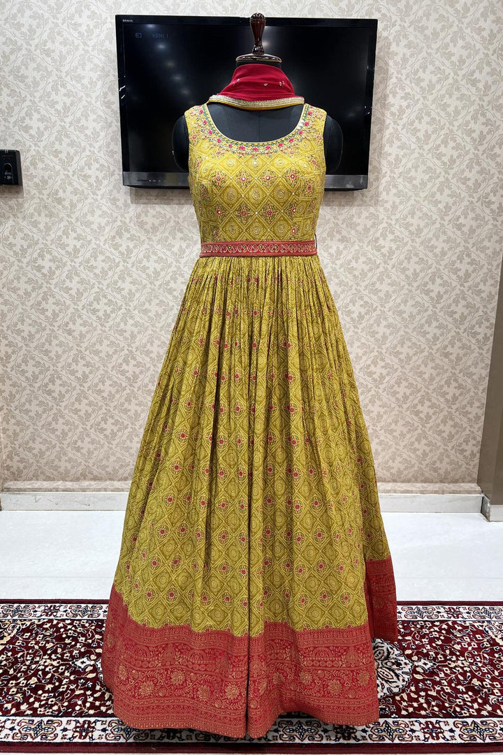 Mehendi Green Digital Print, Banaras, Mirror, Zardozi and Stone work Floor Length Anarkali Suit - Seasons Chennai