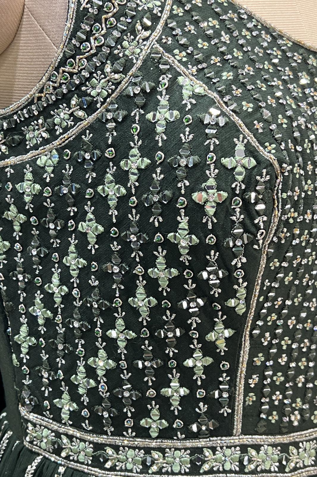 Green Mirror, Thread, Pearl, Beads, Stone, Sequins and Zari work Floor Length Anarkali Suit - Seasons Chennai