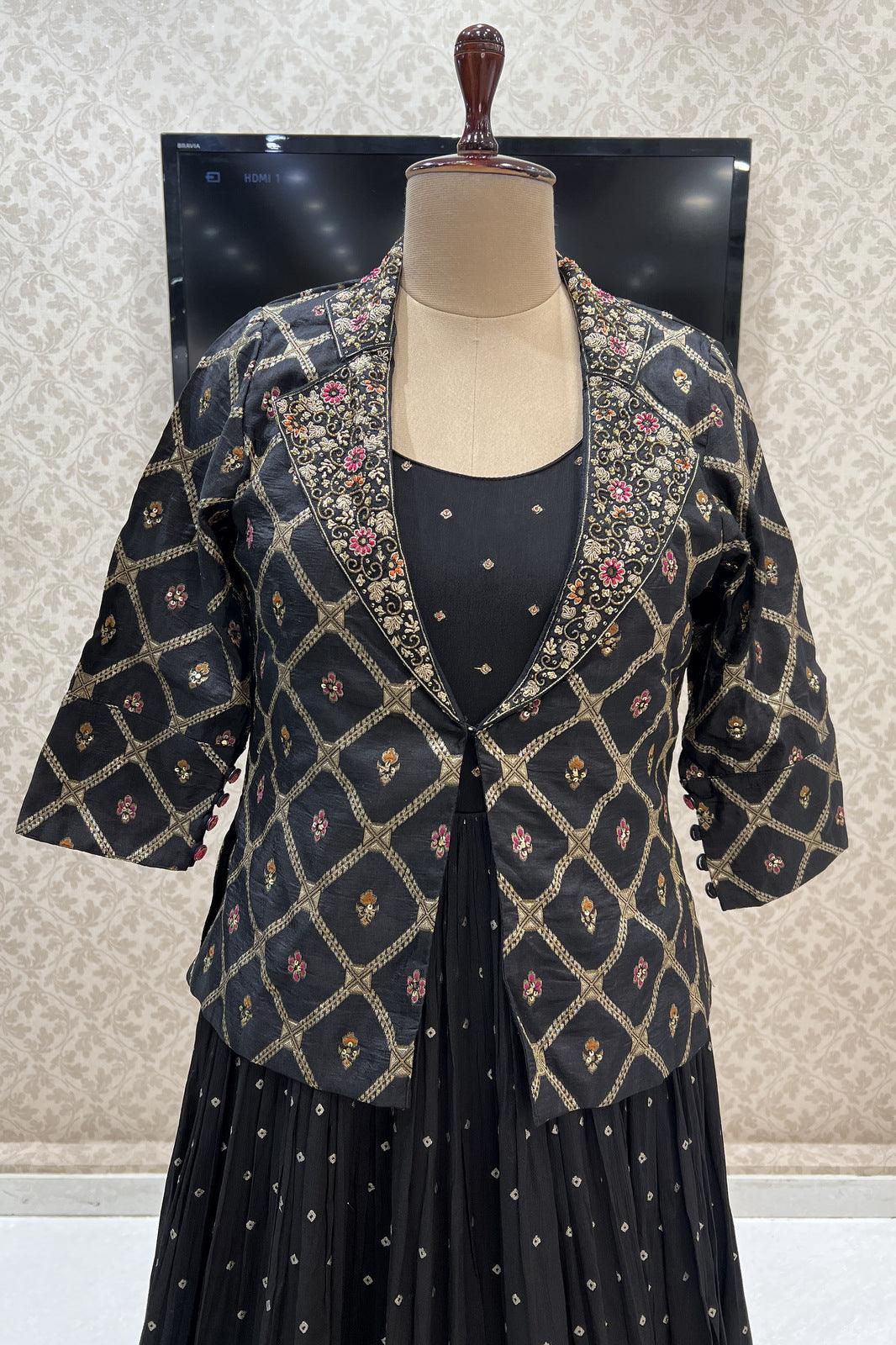 Black Banaras, Beads, Zardozi and Mirror work Jacket Styled Floor Length Anarkali Suit - Seasons Chennai