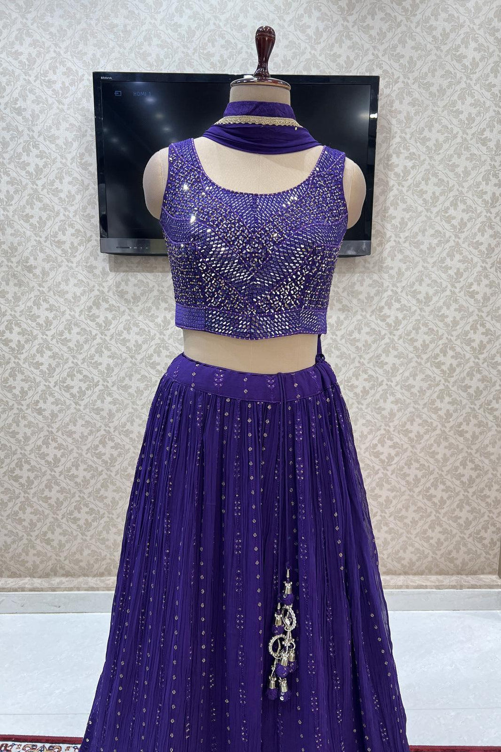 Violet Mirror, Stone and Thread work Crop Top Lehenga - Seasons Chennai