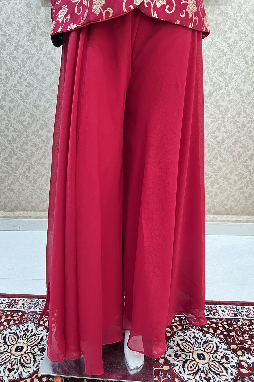 Rani Pink Banaras and Beads work Overcoat Styled Palazzo Suit Set - Seasons Chennai