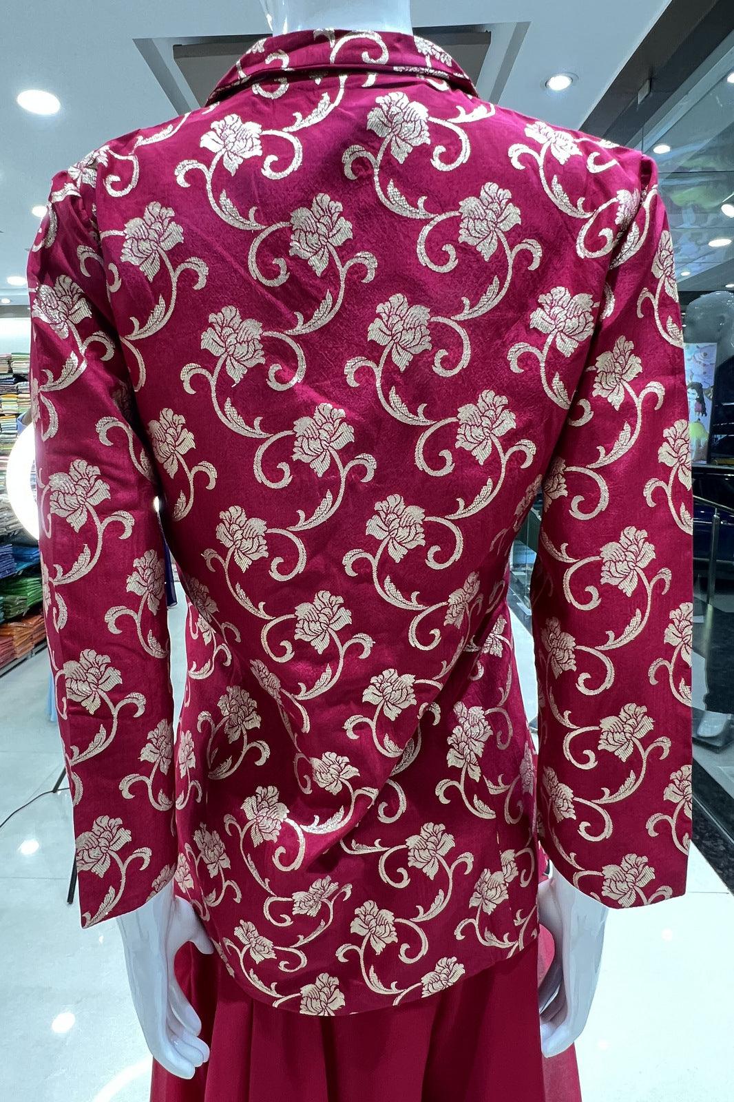 Rani Pink Banaras and Beads work Overcoat Styled Palazzo Suit Set - Seasons Chennai
