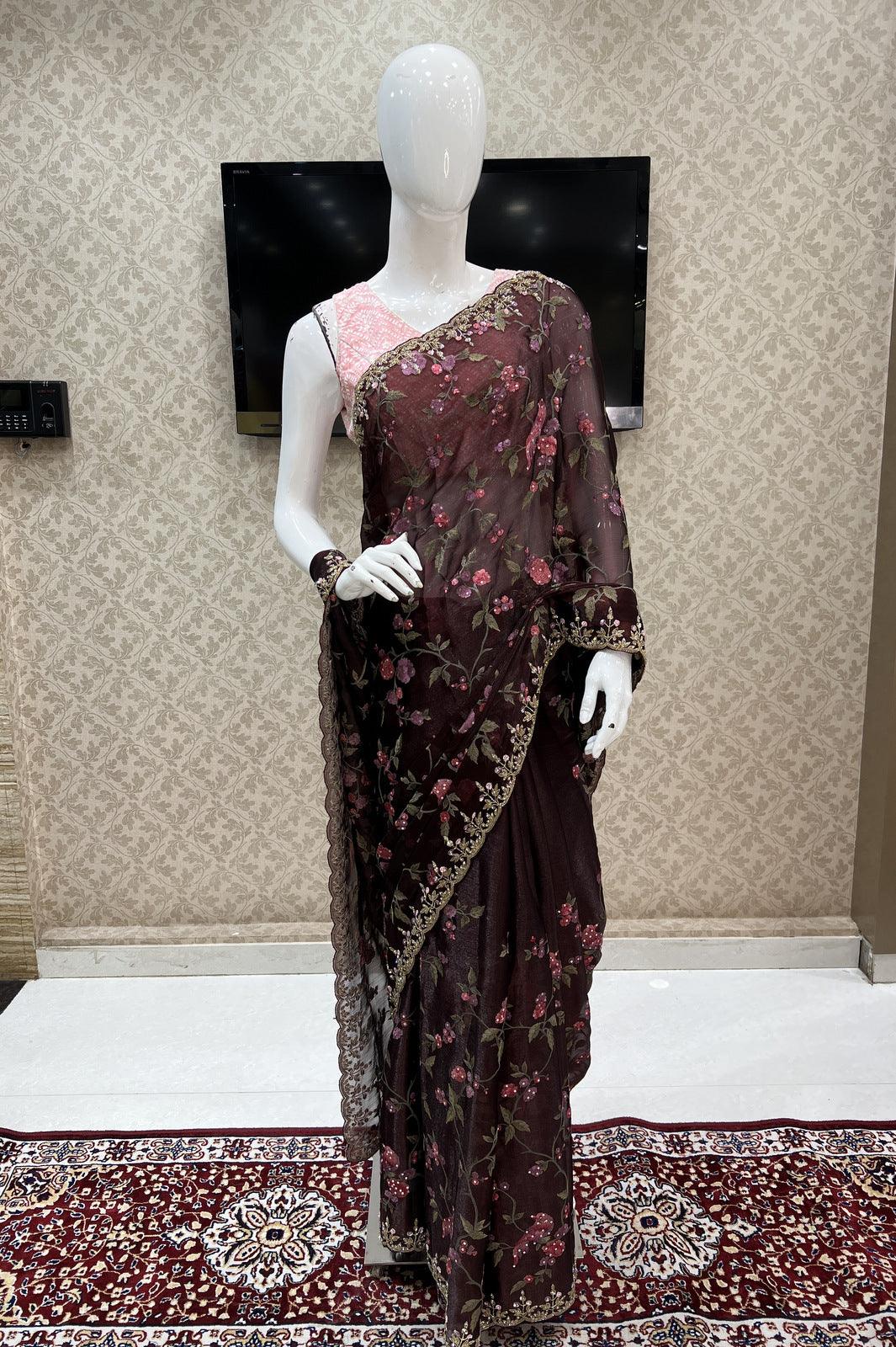Wine Embroidery, Sequins and Beads work Saree with Matching Unstitched Designer Blouse - Seasons Chennai