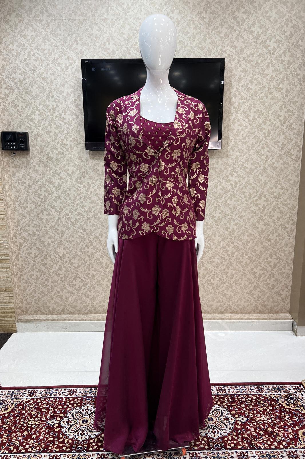 Wine Banaras and Beads work Overcoat Styled Palazzo Suit Set - Seasons Chennai