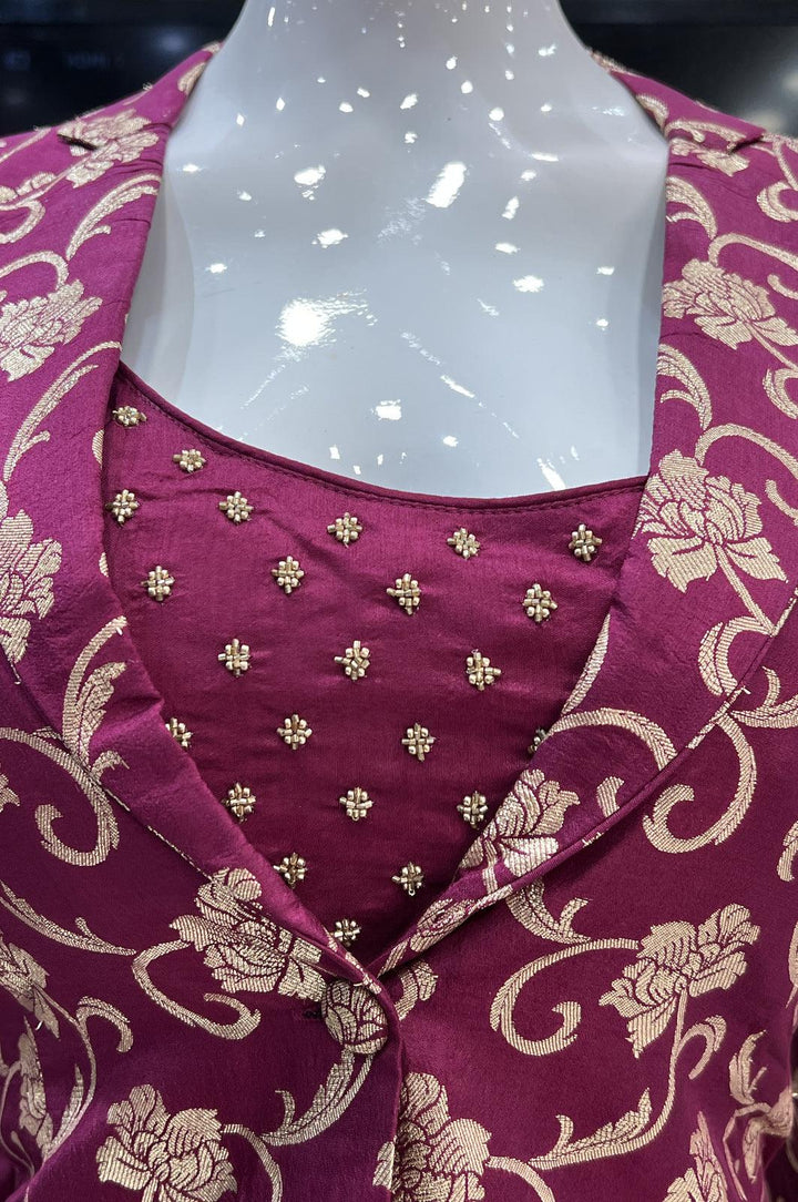 Wine Banaras and Beads work Overcoat Styled Palazzo Suit Set - Seasons Chennai