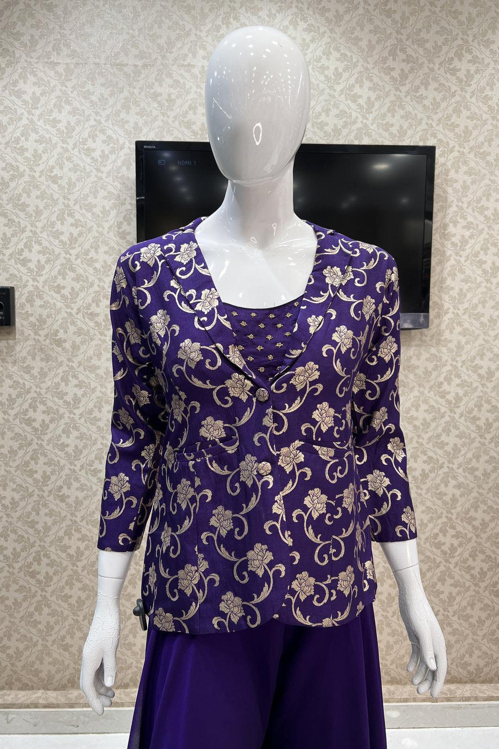 Purple Banaras and Beads work Overcoat Styled Palazzo Suit Set - Seasons Chennai