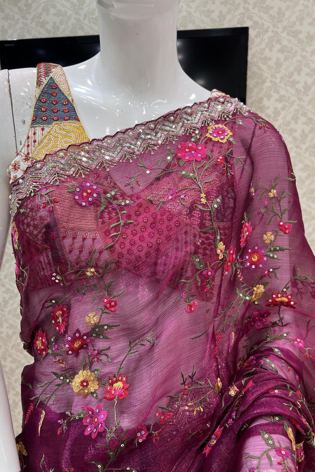 Magenta Embroidery and Sequins work Saree with Matching Unstitched Designer Blouse - Seasons Chennai