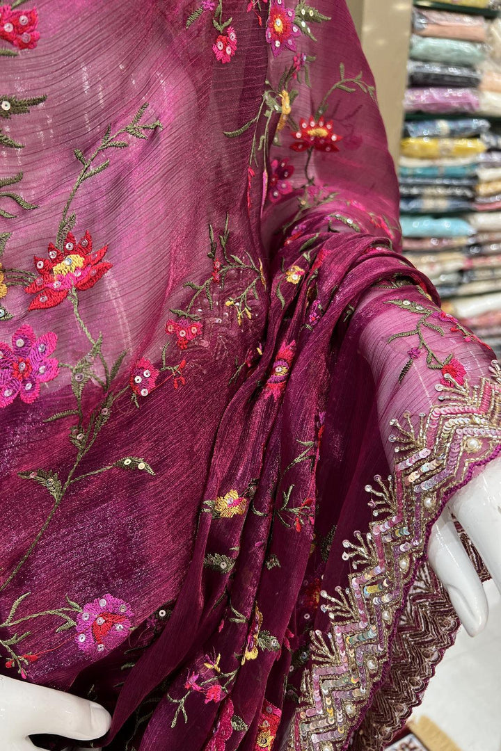 Magenta Embroidery and Sequins work Saree with Matching Unstitched Designer Blouse - Seasons Chennai