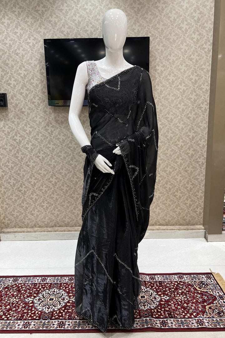 Black Stone, Beads and Sequins work Saree with Matching Unstitched Designer Blouse - Seasons Chennai