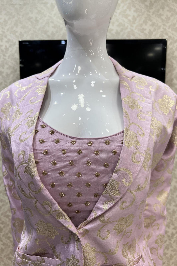 Light Lavender Banaras and Beads work Overcoat Styled Palazzo Suit Set - Seasons Chennai