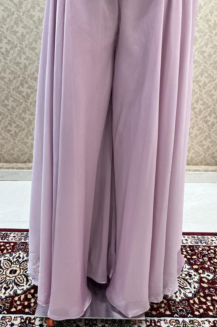 Light Lavender Banaras and Beads work Overcoat Styled Palazzo Suit Set - Seasons Chennai