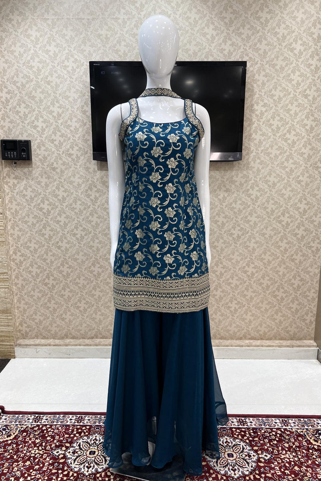 Peacock Blue Banaras, Zari and Sequins work Palazzo Suit Set - Seasons Chennai