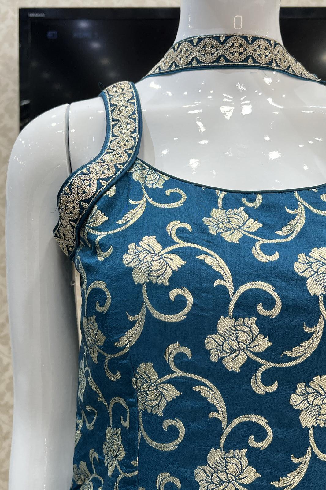 Peacock Blue Banaras, Zari and Sequins work Palazzo Suit Set - Seasons Chennai