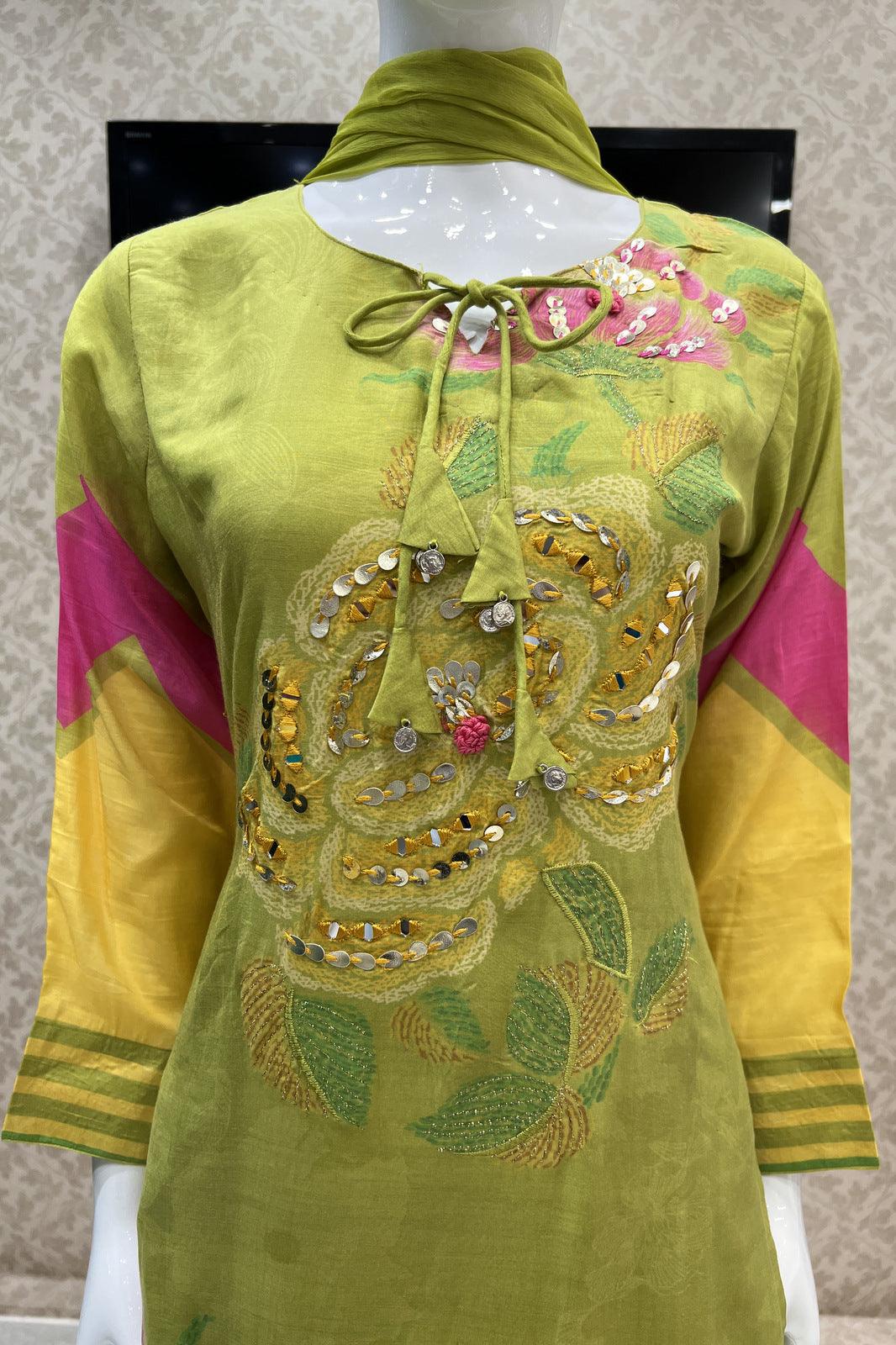 Green Mirror and Thread work with Digital Print Straight Cut Salwar Suit - Seasons Chennai