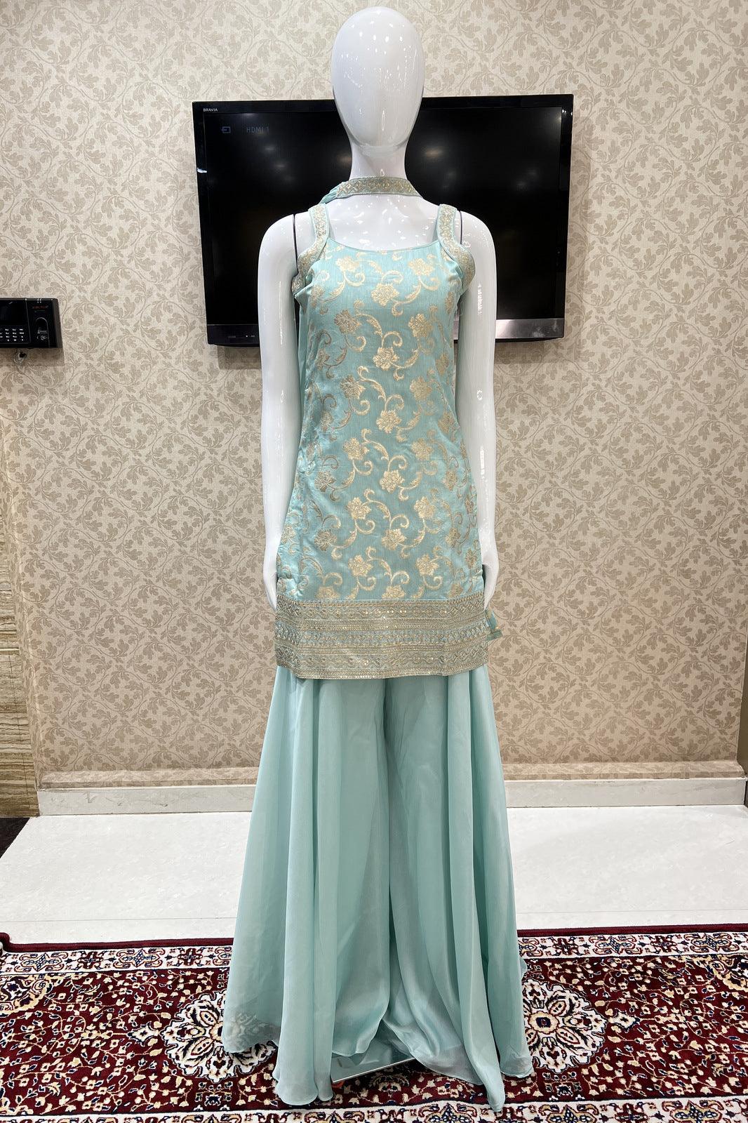 Sea Green Banaras, Zari and Sequins work Palazzo Suit Set - Seasons Chennai
