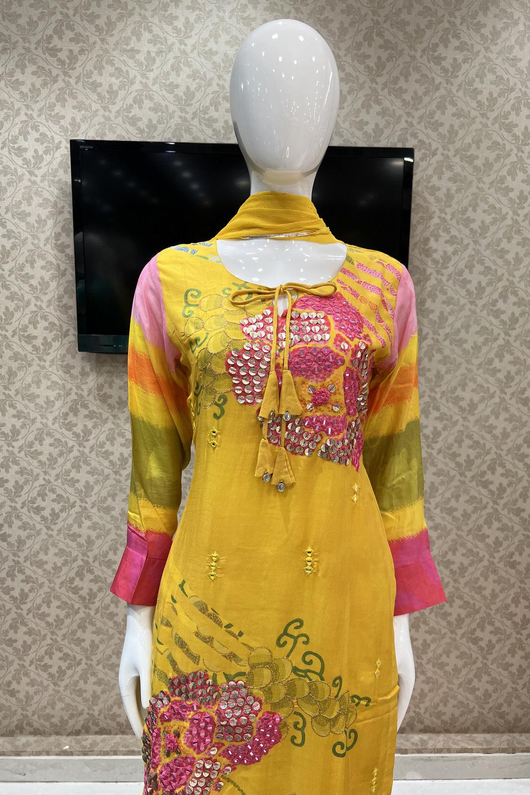 Yellow Sequins and Thread work with Digital Print Straight Cut Salwar Suit - Seasons Chennai