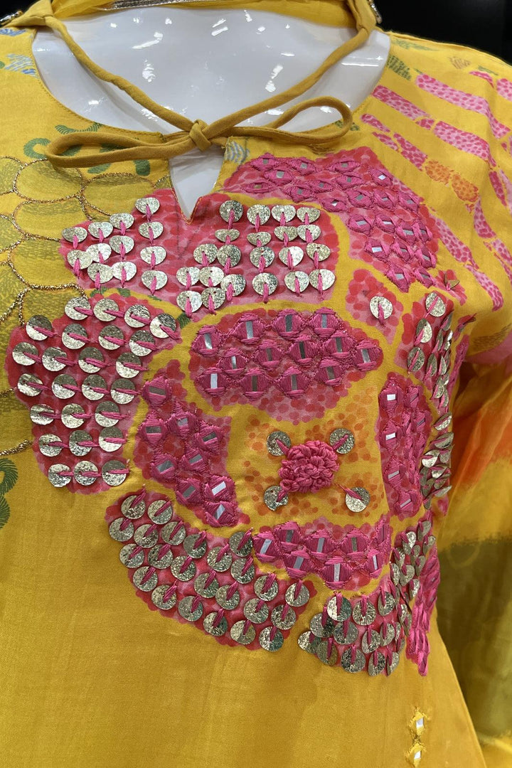 Yellow Sequins and Thread work with Digital Print Straight Cut Salwar Suit - Seasons Chennai