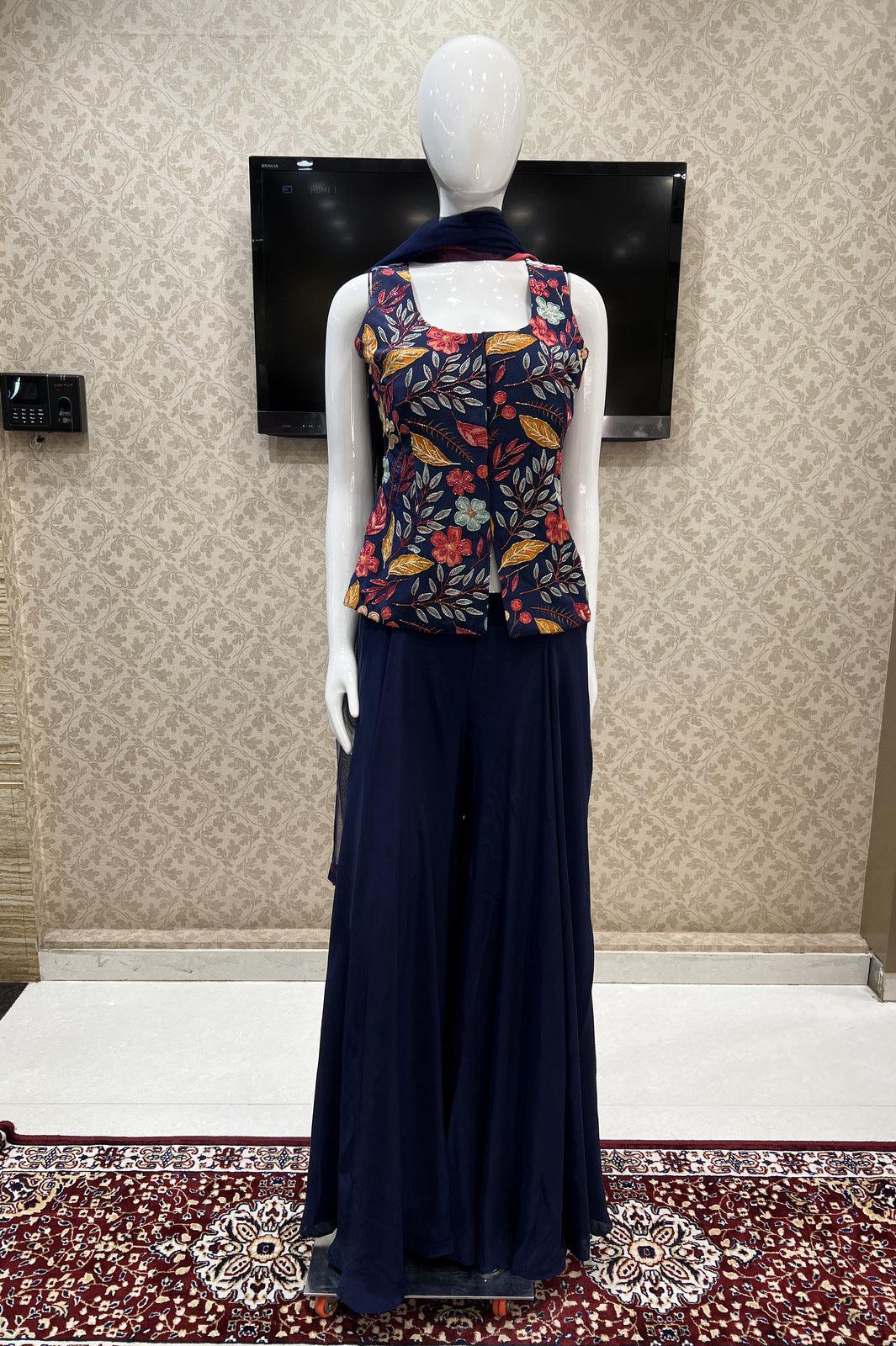 Navy Blue Digital Print and Beads work Palazzo Suit Set - Seasons Chennai