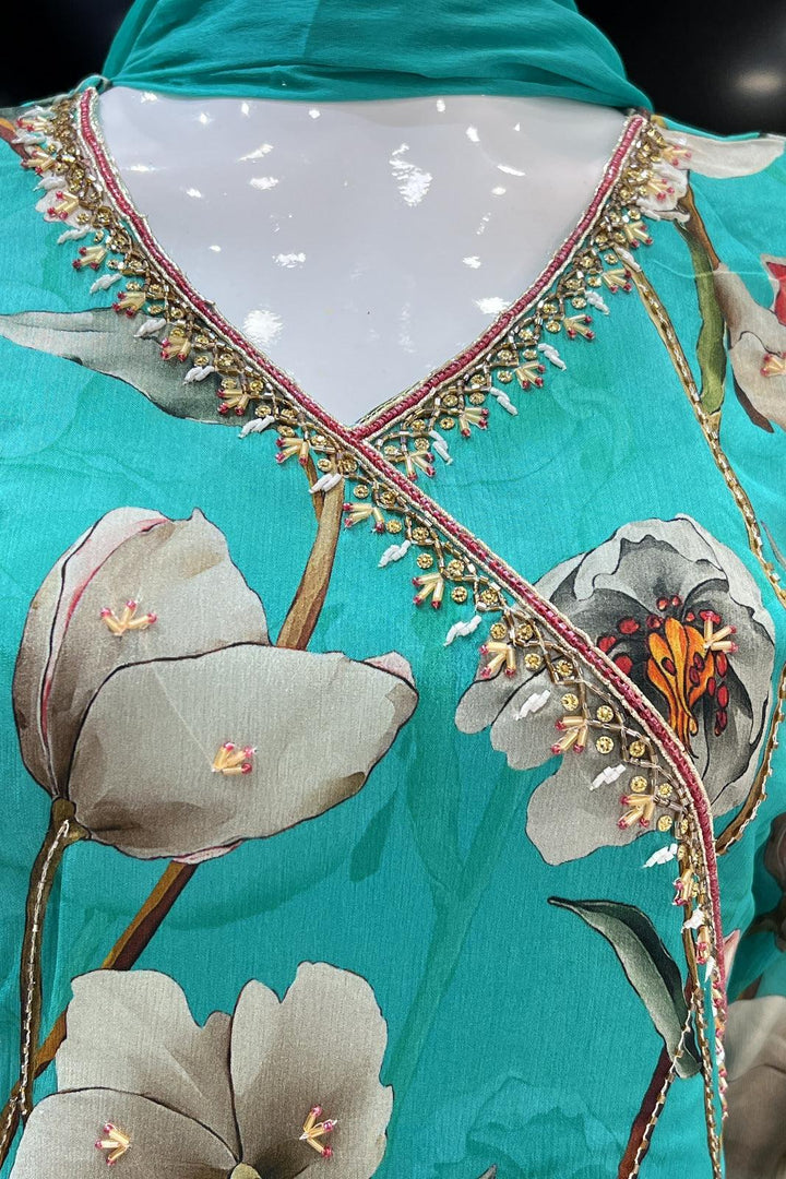 Rama Green Floral Print Anarkali Style Salwar Suit with Straight Pants - Seasons Chennai