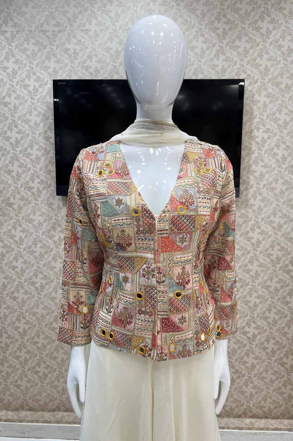 Cream Multicolor Thread, Sequins and Mirror work Palazzo Suit Set - Seasons Chennai