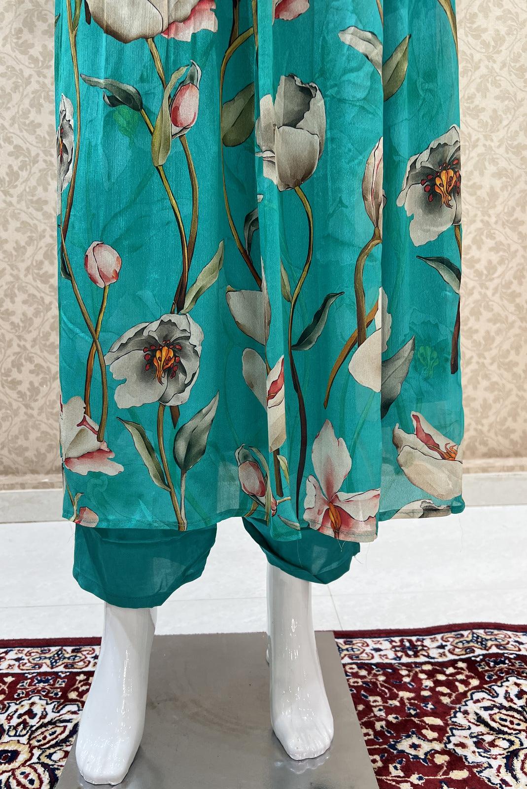 Rama Green Floral Print Anarkali Style Salwar Suit with Straight Pants - Seasons Chennai
