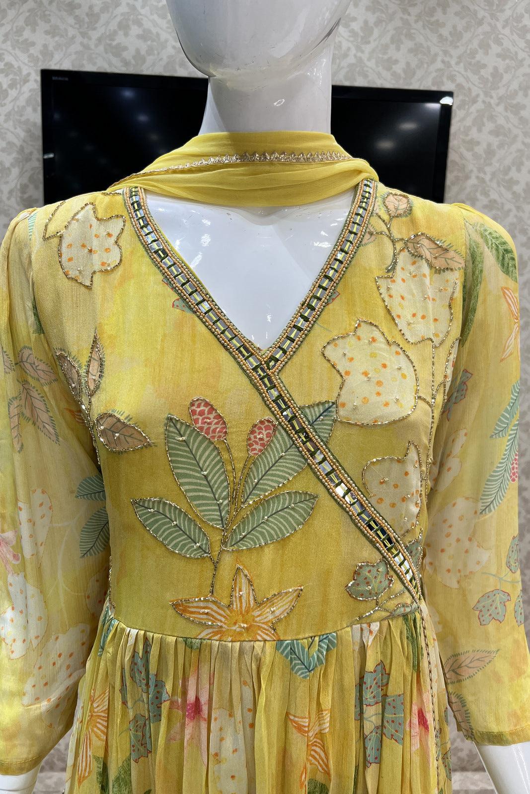Yellow Floral Print Anarkali Style Salwar Suit with Straight Pants - Seasons Chennai