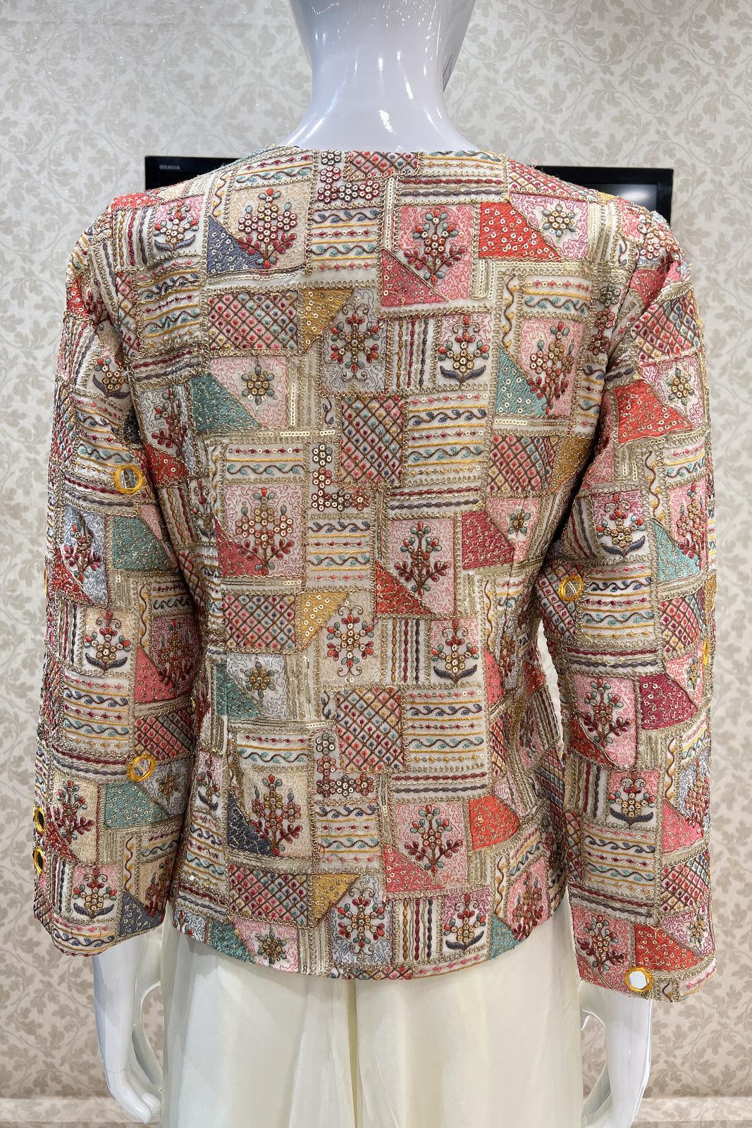 Cream Multicolor Thread, Sequins and Mirror work Palazzo Suit Set - Seasons Chennai