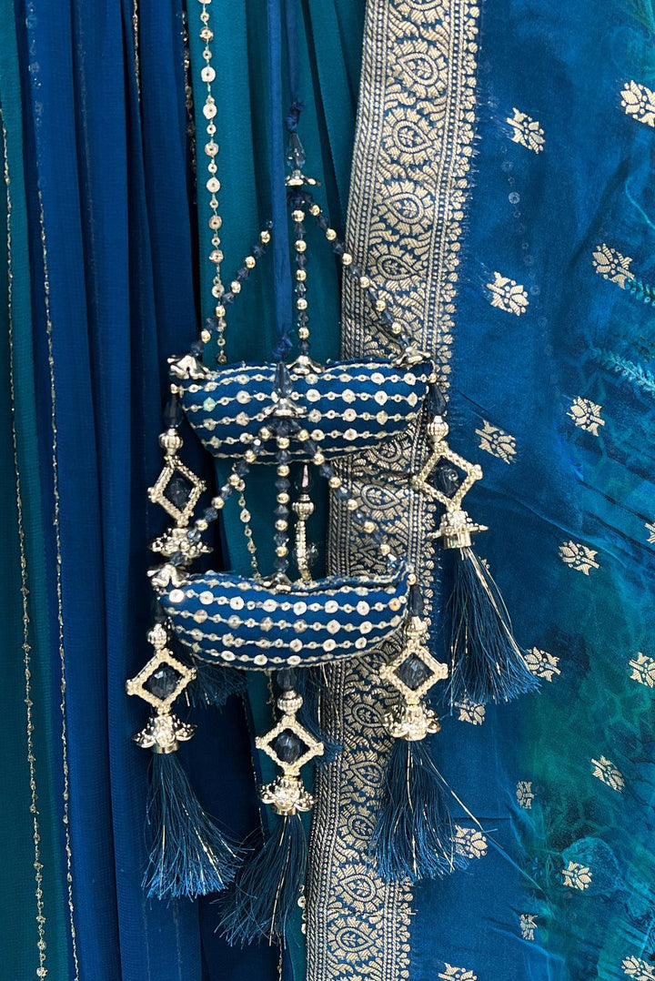 Peacock Blue Banaras, Sequins, Beads and Zardozi work Crop Top Lehenga - Seasons Chennai