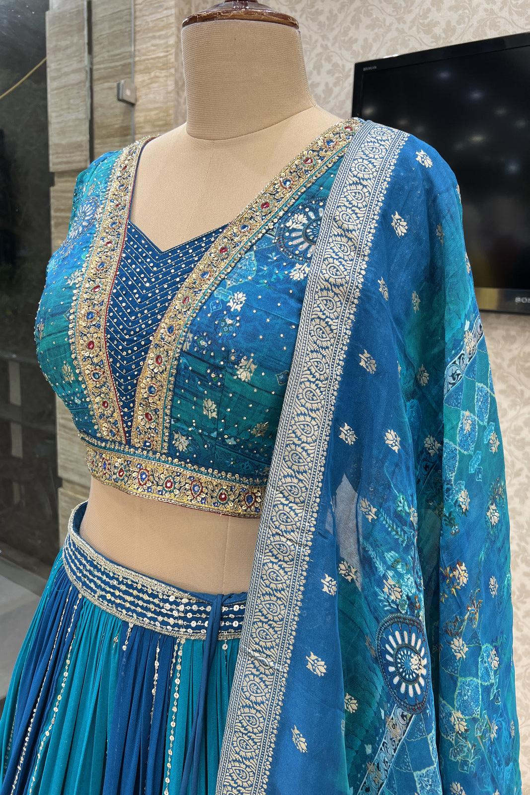 Peacock Blue Banaras, Sequins, Beads and Zardozi work Crop Top Lehenga - Seasons Chennai