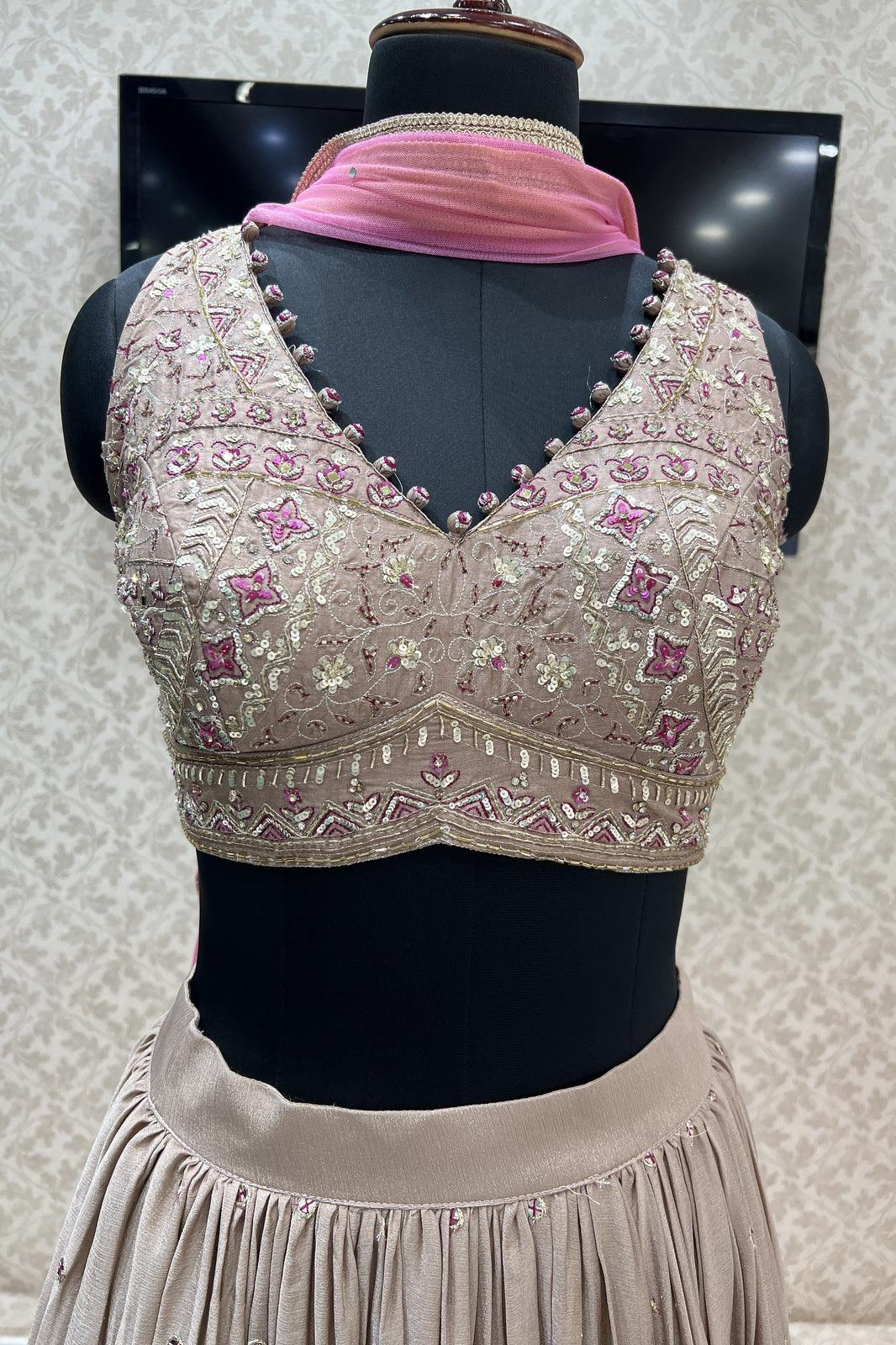 Beige Zari, Sequins, Beads and Mirror work Crop Top Lehenga - Seasons Chennai