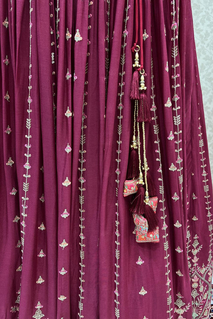 Maroon Banaras, Sequins, Mirror and Beads work with Bandini Print Crop Top Lehenga - Seasons Chennai
