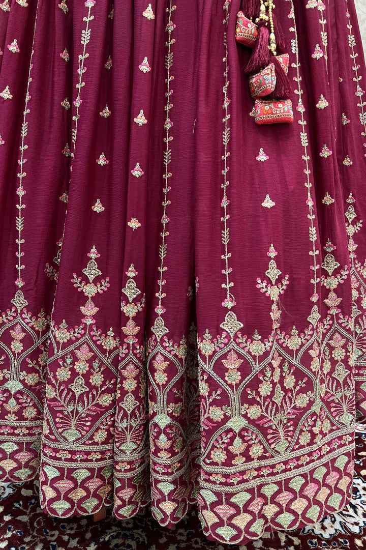 Maroon Banaras, Sequins, Mirror and Beads work with Bandini Print Crop Top Lehenga - Seasons Chennai