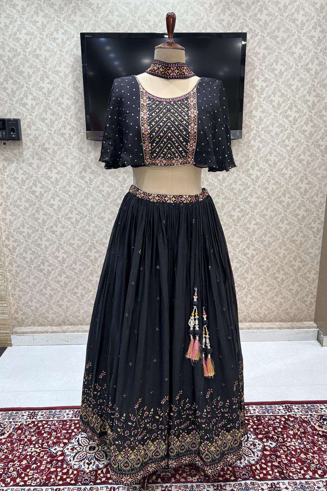 Black Stone, Thread, Beads and Zari work Kaftan Style Crop Top Lehenga - Seasons Chennai