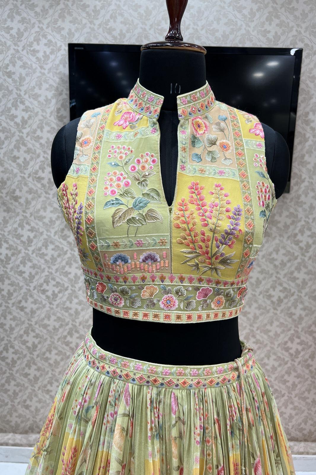 Pista Green Multicolor Embroidery work with Digital Print Crop Top Lehenga - Seasons Chennai