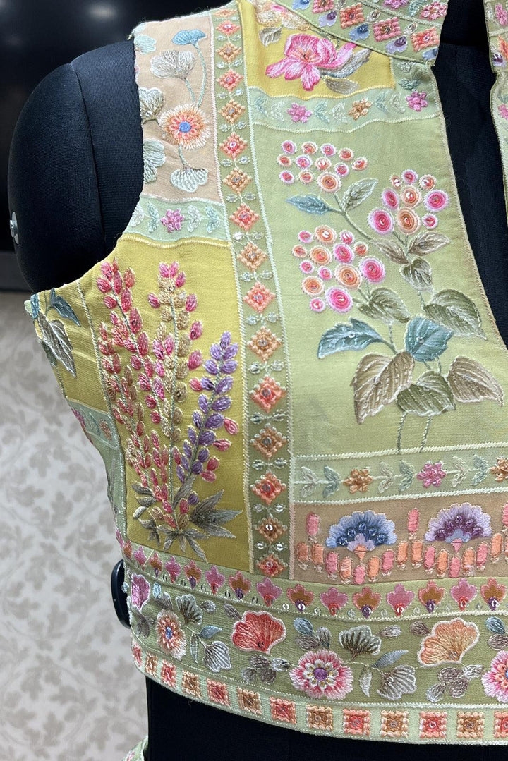 Pista Green Multicolor Embroidery work with Digital Print Crop Top Lehenga - Seasons Chennai