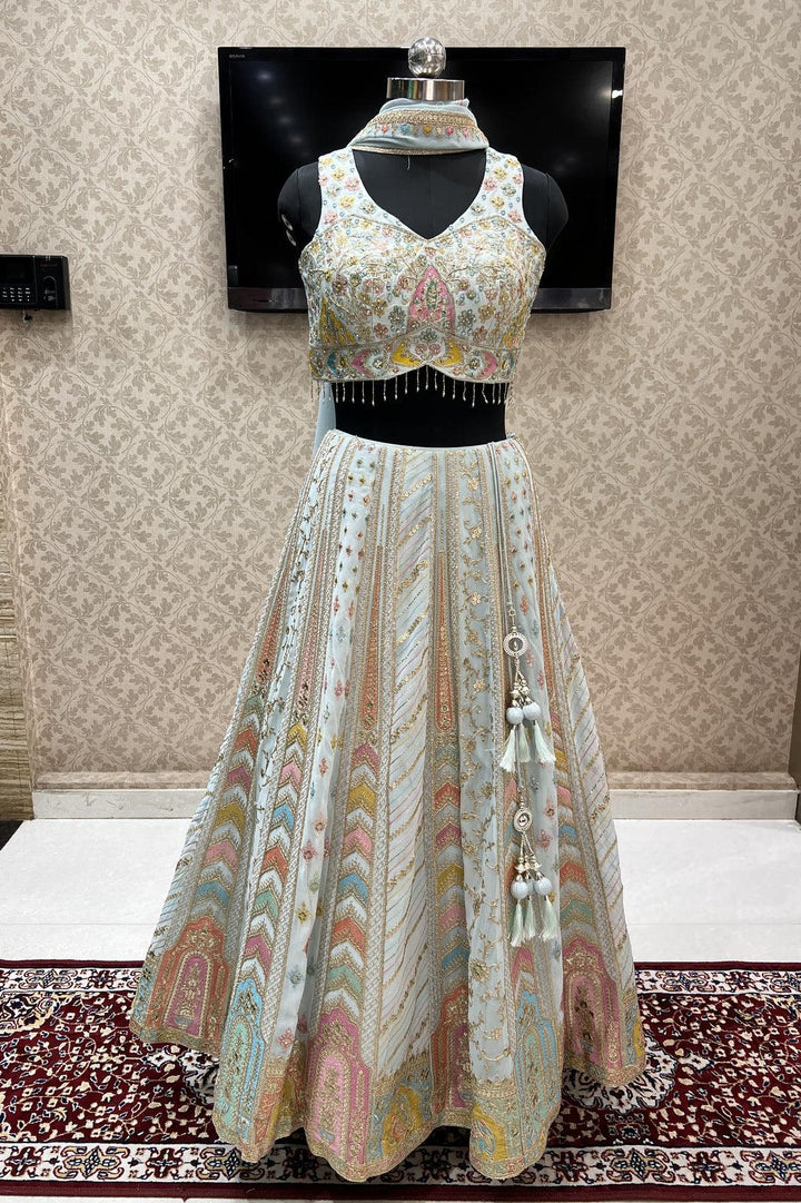 Sky Blue Thread, Beads, Zari, Sequins and Mirror work Crop Top Lehenga - Seasons Chennai