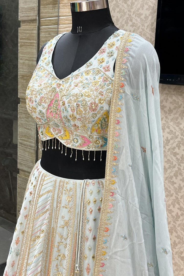 Sky Blue Thread, Beads, Zari, Sequins and Mirror work Crop Top Lehenga - Seasons Chennai
