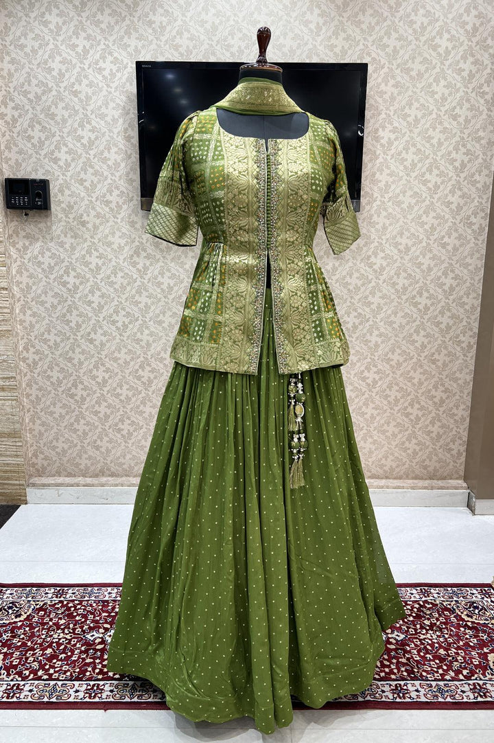 Leaf Green Banaras, Zari and Sequins work with Bandini Print Peplum Style Lehenga - Seasons Chennai